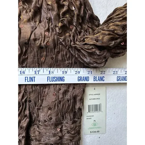 Bronze Textured Crinkle Jacket Petite Large Fall Chic Metallic Sequin Statement - Picture 12 of 13